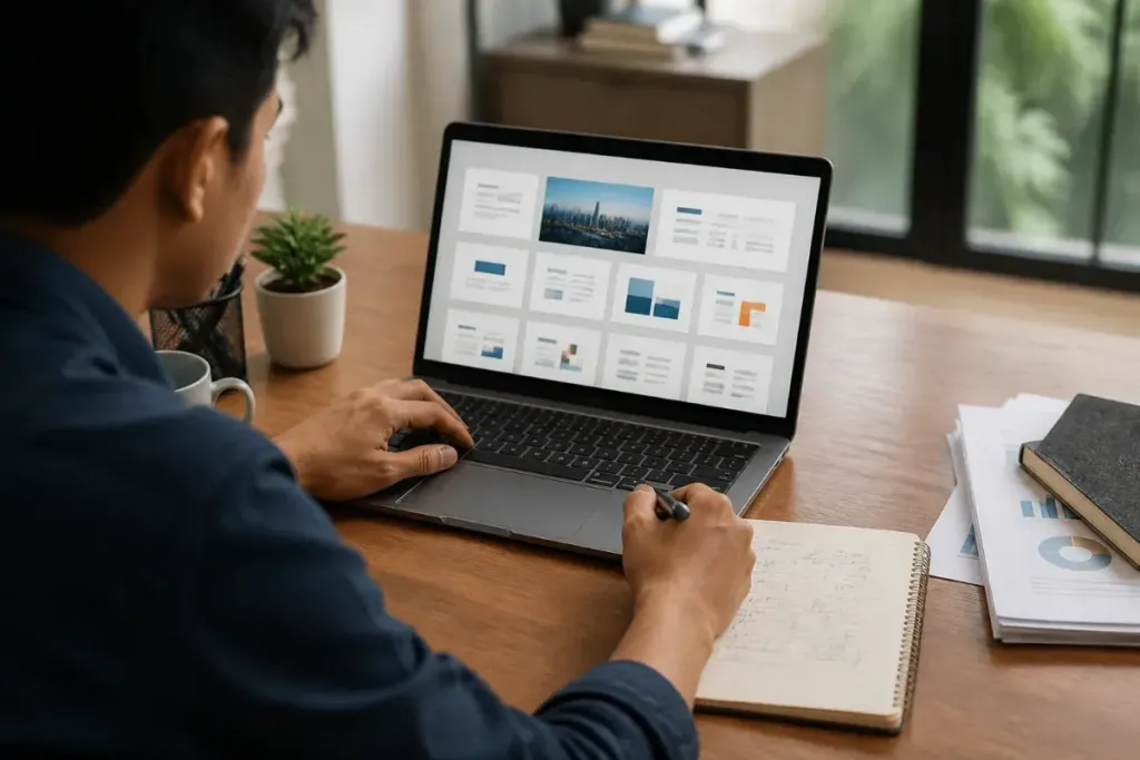 Pekerja menyusun kerangka presentasi di laptop dengan catatan kerja di sampingnya