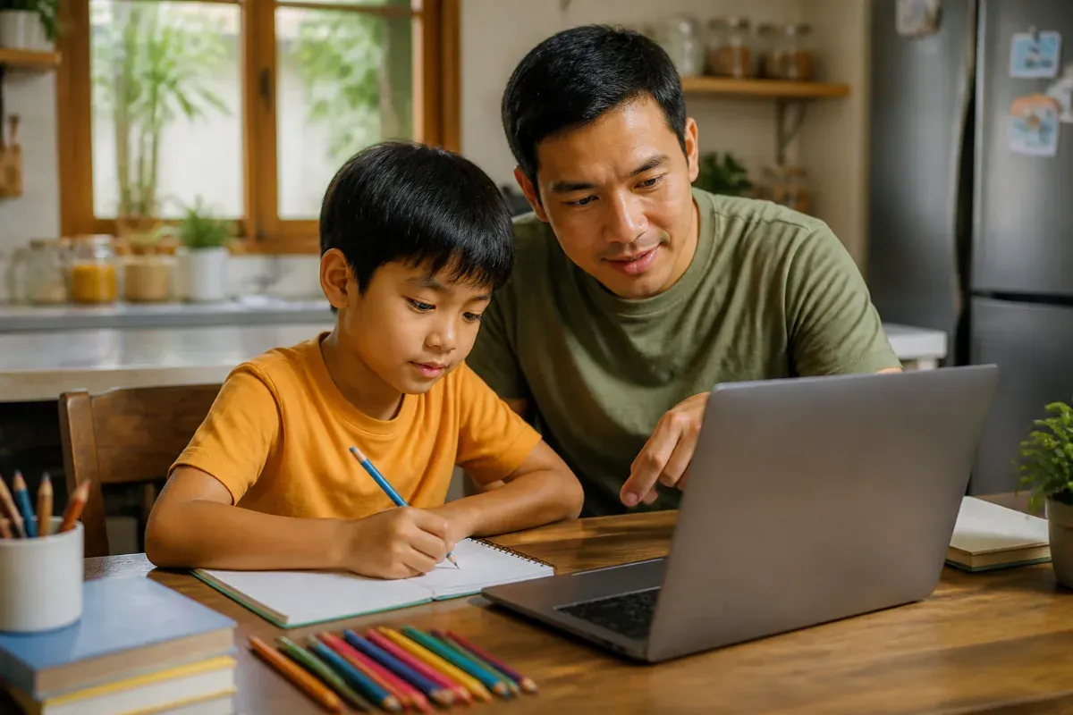 Anak SD belajar memakai AI bersama orang tua dengan laptop dan buku catatan