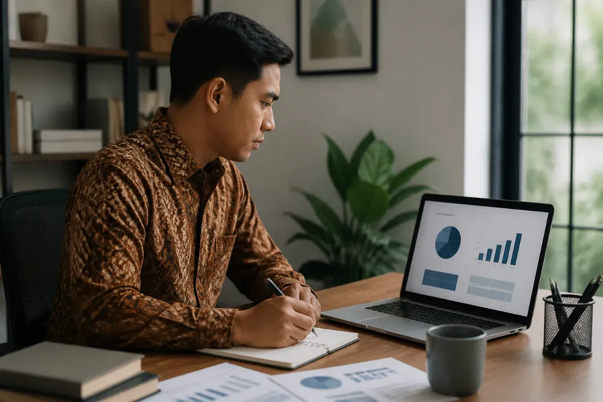 Pekerja menyiapkan slide presentasi di laptop dengan catatan dan grafik sederhana